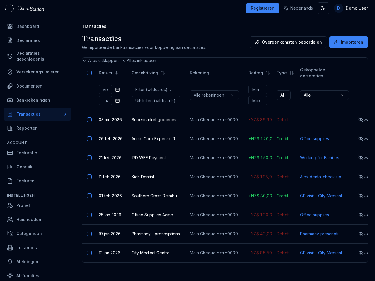 ClaimStation transactieweergave